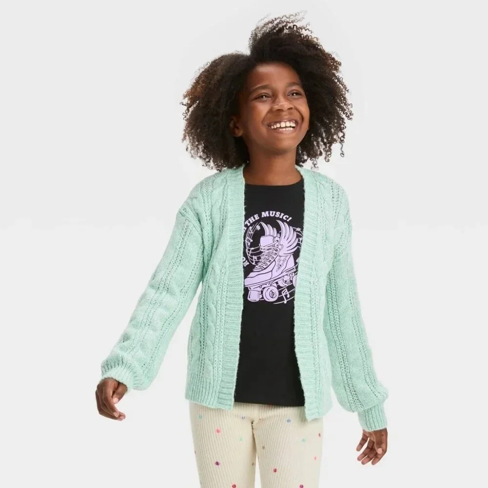 Cat & Jack Girls Open Front Sweater Cardigan Mint Green Soft Knit 10-12